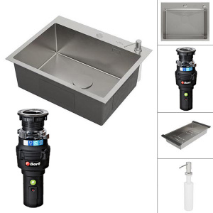 Кухонная мойка Roxen Simple с коландером, дозатором и измельчителем Bort Caiman 93418064, 50х48, сатин