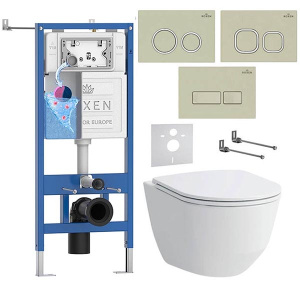 Комплект инсталляции Roxen StounFix Dual Fresh с удлиненными креплениями, аромадозатором, бежевой кнопкой смыва и унитазом Laufen Pro Rimless, круглые клавиши
