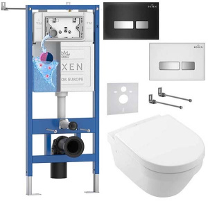 Комплект инсталляции Roxen StounFix Dual Fresh с удлиненными креплениями, аромадозатором, кнопкой смыва Glass 430280 и унитазом Villeroy&Boch Architectura 4694HR01, белый