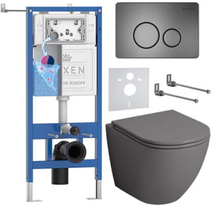 Комплект инсталляции Roxen StounFix Dual Fresh с удлиненными креплениями, аромадозатором, металлической кнопкой Steel и унитазом Grossman GR-4455GМS, круглые клавиши 420260G