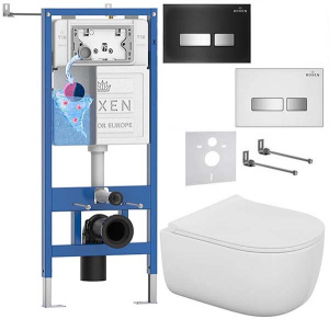 Комплект инсталляции Roxen StounFix Dual Fresh с удлиненными креплениями, аромадозатором, кнопкой смыва Glass 430280 и унитазом Bocchi V-Tondo Compacto Rimless, белый