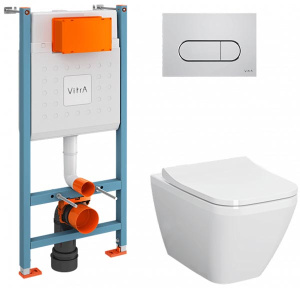 Комплект инсталляции Vitra Integra Square L-Box 9856B003-7207 c кнопкой смыва и подвесным унитазом, хром