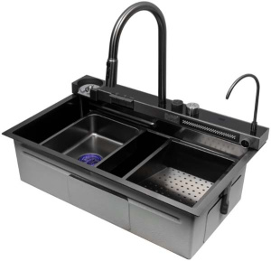 Кухонная мойка Arfeka Sensor Eco AR 75 Black PVD Nano / Black PVD Nano Decor со смесителем, ринзером, двумя коландерами и разделочной доской, 75х45, черный Nano