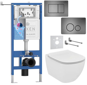 Комплект инсталляции Roxen StounFix Dual Fresh с удлиненными креплениями, аромадозатором, металлической кнопкой Steel и унитазом Ideal Standard Tesi Aquablade T007901, прямоугольные клавиши 420280G