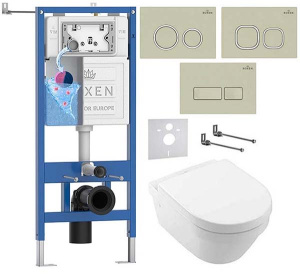 Комплект инсталляции Roxen StounFix Dual Fresh с удлиненными креплениями, аромадозатором, бежевой кнопкой смыва и унитазом Villeroy&Boch Architectura 4694HR01, клавиши мягкий квадрат