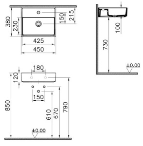 Умывальник Vitra ArchiPlan 7400B003-0001 / 7401B403-0001, 45х38