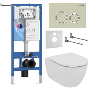 Комплект инсталляции Roxen StounFix Dual Fresh с удлиненными креплениями, аромадозатором, бежевой кнопкой и унитазом Ideal Standard Ellisse T569201, круглые клавиши