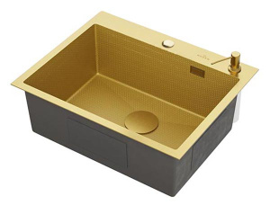 Кухонная мойка Roxen Snake 560220-60-GS PVD (gold, износостойкое покрытие) с коландером, дозатором и смесителем Shevanik S263G с выдвижным изливом, 60х48, брашированное золото