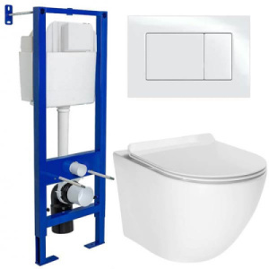 Комплект инсталляции Berges Аtom 410 c кнопкой и унитазом AV Engineering Comfort AVWHR203, белый глянцевый