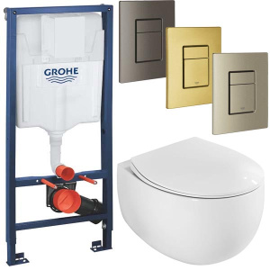 Комплект инсталляции Grohe Rapid SL 38772001 с брашированной кнопкой и подвесным унитазом Roxen EGG 530170-01, золото брашированное