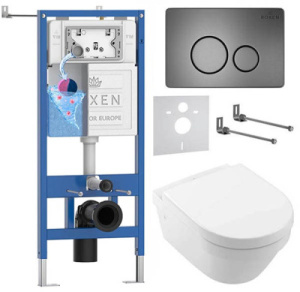 Комплект инсталляции Roxen StounFix Dual Fresh с удлиненными креплениями, аромадозатором, металлической кнопкой Steel и унитазом Villeroy&Boch Architectura 4694HR01, круглые клавиши 420260G