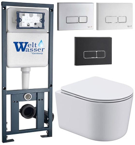 Комплект инсталляции Weltwasser Marberg 410 с кнопкой и подвесным унитазом Roxen Simple Compact 530120-01, белый глянцевый