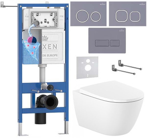 Комплект инсталляции Roxen StounFix Dual Fresh с удлиненными креплениями, аромадозатором, кнопкой и унитазом Roca Ona Rimless с крышкой Supralit Soft Close, прямоугольные клавиши