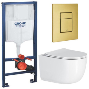 Комплект инсталляции Grohe Rapid SL 38772001 с брашированной кнопкой и подвесным унитазом Roxen Vortex Tornado 530160-01, золото брашированное