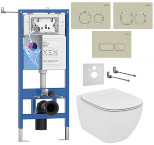 Комплект инсталляции Roxen StounFix Dual Fresh с удлиненными креплениями, аромадозатором, бежевой кнопкой и унитазом Ideal Standard Tesi Aquablade T007901, круглые клавиши