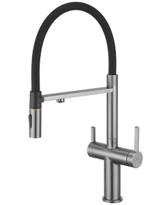 Кухонная мойка Roxen Simple PVD (графит) с коландером, дозатором и смесителем Rose R458T, 70х48/графит