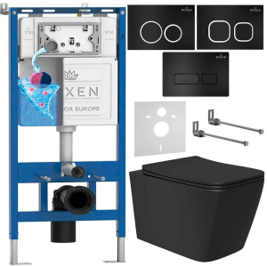 Комплект инсталляции Roxen StounFix Dual Fresh с креплениями, черной кнопкой смыва и унитазом Lauter Magdeburg 21103EC