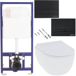 Комплект инсталляции Berges Novum 525 c черной кнопкой и унитазом Roxen Antares 530185-01 Rimless Soft Close, F5, черный матовый