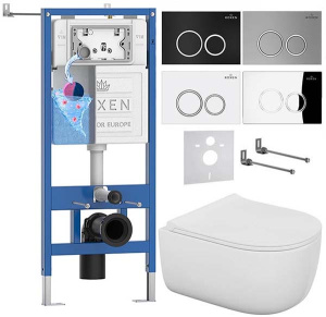Комплект инсталляции Roxen StounFix Dual Fresh с удлиненными креплениями, аромадозатором, кнопкой смыва Santi 410260 и унитазом Bocchi V-Tondo Compacto Rimless, хром глянец