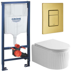 Комплект инсталляции Grohe Rapid SL 38772001 с брашированной кнопкой и подвесным унитазом Roxen Royal Matt 530200-01, золото брашированное