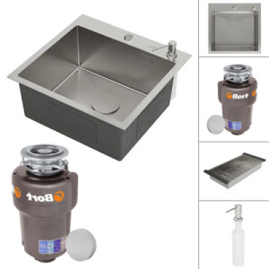 Кухонная мойка Roxen Simple с коландером, дозатором и измельчителем Bort Titan Max Power 93410266 (Full Control), 50х48, сатин