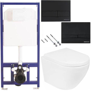 Комплект инсталляции Berges Novum 525 c черной кнопкой и унитазом Roxen Antares 530185-02 Rimless Soft Close, F5/черный матовый