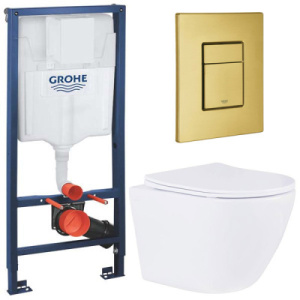 Комплект инсталляции Grohe Rapid SL 38772001 с брашированной кнопкой и подвесным унитазом Roxen Antares 530185-01, золото брашированное