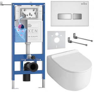 Комплект инсталляции Roxen StounFix Dual Fresh с удлиненными креплениями, аромадозатором, кнопкой смыва Glass 430280 и унитазом Asten Readle Stella Tornado AR1065, белый