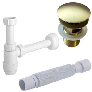 Сифон для умывальника McAlpine с донным клапаном Roxen P02GB (gold brush) c переливом и гофрой