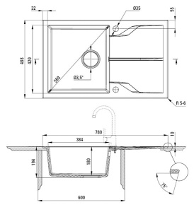 Кухонная мойка Deante Andante Flush ZQN-A11F / ZQN-G11F / ZQN-S11F / ZQN-T11F, 78х49/алебастр