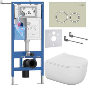 Комплект инсталляции Roxen StounFix Dual Fresh с удлиненными креплениями, аромадозатором, бежевой кнопкой смыва и унитазом Bocchi V-Tondo Compacto Rimless, круглые клавиши