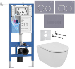 Комплект инсталляции Roxen StounFix Dual Fresh с удлиненными креплениями, аромадозатором, кнопкой смыва в цвете серый бетон и унитазом Ideal Standard Ellisse T569201, круглые клавиши