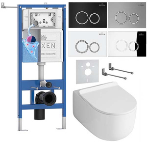 Комплект инсталляции Roxen StounFix Dual Fresh с удлиненными креплениями, аромадозатором, кнопкой смыва Santi 410260 и унитазом Asten Readle Stella Tornado AR1065, белый глянец