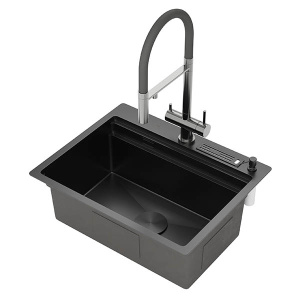 Кухонная мойка Roxen Stage 60 PVD (графит) в комплекте с держателем для ножей, двумя коландерами, разделочной доской, дозатором и смесителем Rose R458T, 60х48/графит