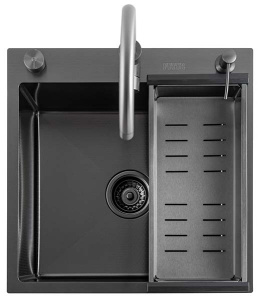Кухонная мойка Avina Futur FK Eco Embossing Pop-up Mixer Plus Black Nano со смесителем, дозатором и коландером, 50х50, графит