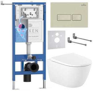 Комплект инсталляции Roxen StounFix Dual Fresh с удлиненными креплениями, аромадозатором, бежевой кнопкой смыва и унитазом Roca Ona Rimless с крышкой Supralit Soft Close, прямоугольные клавиши