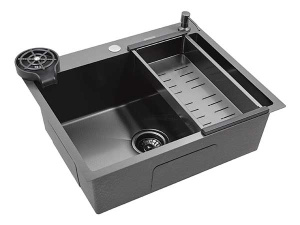 Кухонная мойка Avina Futur FK Eco Embossing Pop-up Rinzer Plus Black Nano с дозатором, коландером и ринзером, 50х50, графит
