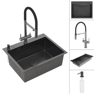 Кухонная мойка Roxen Simple PVD (графит) с коландером, дозатором и смесителем Rose R458T, 70х48/графит