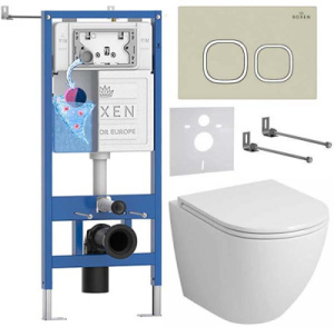 Комплект инсталляции Roxen StounFix Dual Fresh с удлиненными креплениями, аромадозатором, бежевой кнопкой и унитазом Grossman GR-4455S, круглые клавиши