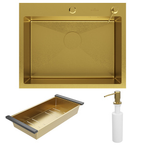 Кухонная мойка Roxen Simple 560220-60G PVD (gold) с коландером, дозатором и смесителем Shevanik S263G с выдвижным изливом, 60х48, золото