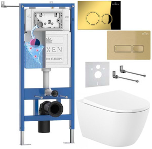 Комплект инсталляции Roxen StounFix Dual Fresh с удлиненными креплениями, кнопкой смыва в цвете золото и унитазом Roca Ona Rimless с крышкой Supralit Soft Close, круглые клавиши