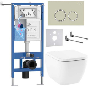 Комплект инсталляции Roxen StounFix Dual Fresh с удлиненными креплениями, аромадозатором, бежевой кнопкой смыва и унитазом Lavinia Boho One Rimless 3302004R, круглые клавиши
