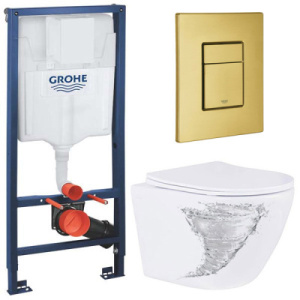 Комплект инсталляции Grohe Rapid SL 38772001 с брашированной кнопкой и подвесным унитазом Roxen Antares Tornado 530205-01, золото брашированное
