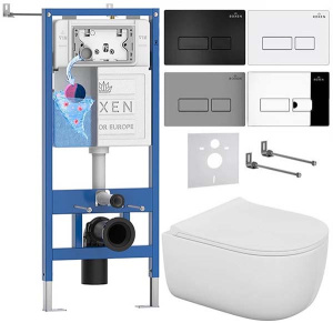 Комплект инсталляции Roxen StounFix Dual Fresh с удлиненными креплениями, аромадозатором, кнопкой смыва Caspia 410280 и унитазом Bocchi V-Tondo Compacto Rimless, хром глянец