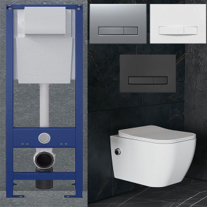 Комплект инсталляции Berges Аtom Line 410 c кнопкой и унитазом Roxen Cube Bidet 530135-01X с функцией биде, хром