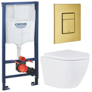 Комплект инсталляции Grohe Rapid SL 38772001 с брашированной кнопкой и подвесным унитазом Roxen Antares 530185-02, золото брашированное