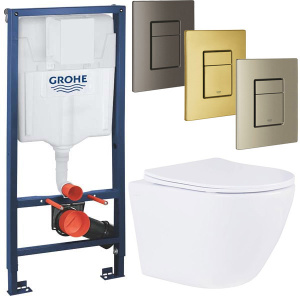 Комплект инсталляции Grohe Rapid SL 38772001 с брашированной кнопкой и подвесным унитазом Roxen Antares 530185-01, золото брашированное
