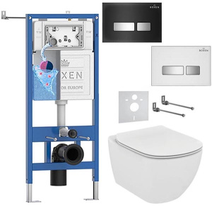 Комплект инсталляции Roxen StounFix Dual Fresh с удлиненными креплениями, аромадозатором, кнопкой смыва Glass 430280 и унитазом Ideal Standard Tesi Aquablade T007901, белый