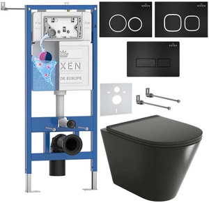 Комплект инсталляции Roxen StounFix Dual Fresh с удлиненными креплениями, аромадозатором, черной кнопкой смыва и унитазом Grossman GR-4477BMS, прямоугольные клавиши, Caspia 410280B