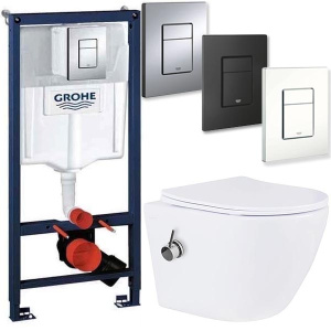 Комплект инсталляции Grohe Rapid SL 38772001 с кнопкой и подвесным унитазом Roxen Antares Bidet 530185-01X с функцией биде, белый